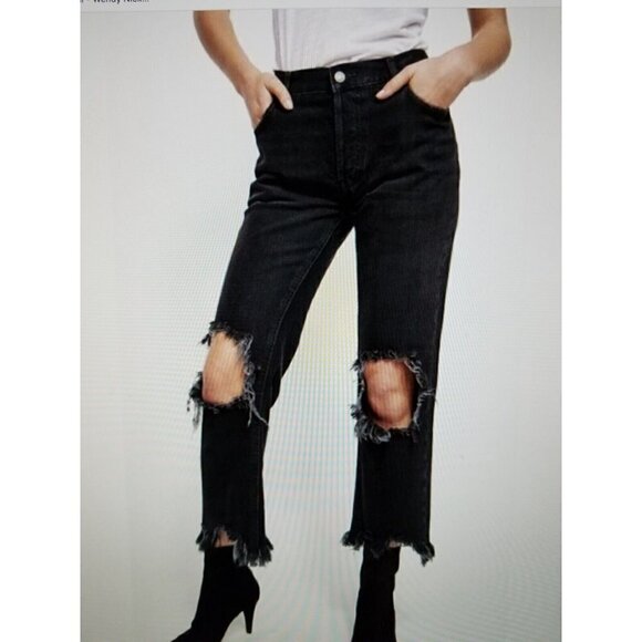 Free People Maggie Mid-Rise Straight-Leg Jeans in Washed Black 100% Cotton Sz 26 - Picture 1 of 12